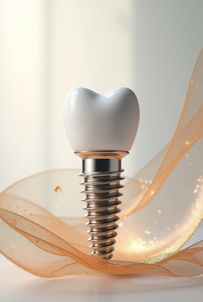 Create an artistic image that reimagines a dental implant as a luxurious work of art. The implant should be central in the composition, with intricate details that highlight its structure, such as the titanium post and the crown, all rendered in a refined and elegant manner. Surround the implant with artistic elements like flowing gold accents, delicate textures, and subtle patterns that evoke a sense of luxury and precision. The background can be minimalist, using soft gradients or abstract forms to keep the focus on the implant while enhancing the overall aesthetic. The image should blend the technical precision of a dental implant with the elegance and sophistication of fine art, creating a piece that is both visually striking and conceptually unique