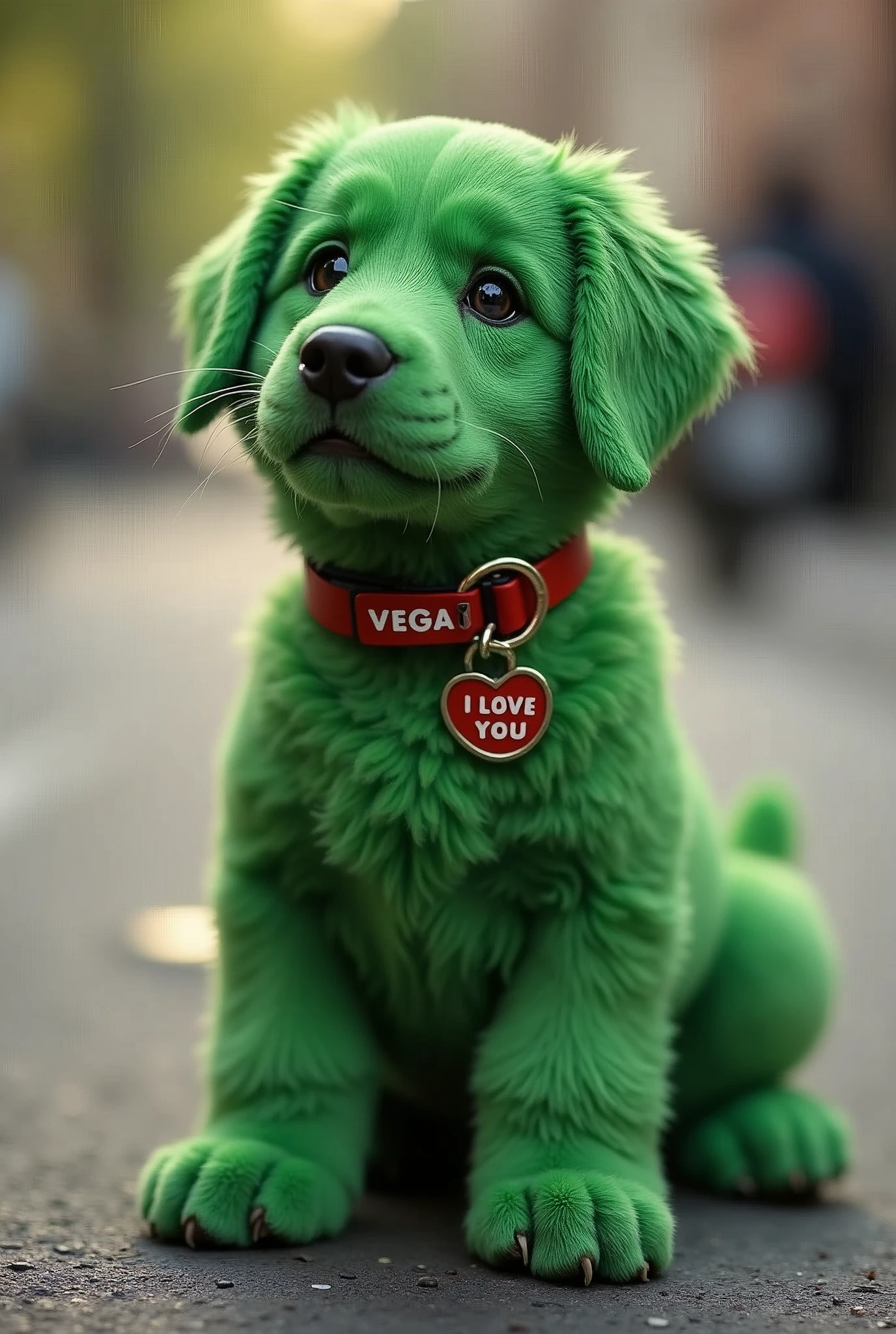 Green dog sitting looking, on a street, and has a collar that says "VEGA I LOVE YOU", but realistic