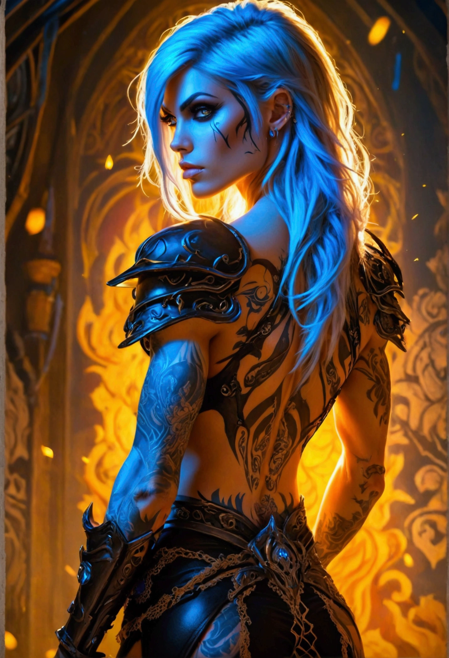 Create a hyper detailed photograph of a tattooed muscular young sexy female deathknight, Stunningly perfect gorgeous face, perfect makeup, detailed vibrant eyes, long hair, big beautiful muscular legs, big beautiful muscular arms, big back muscles, perfect body, muscular abs, detailed smooth skin, big breast, big muscular ass, black lace sundress,