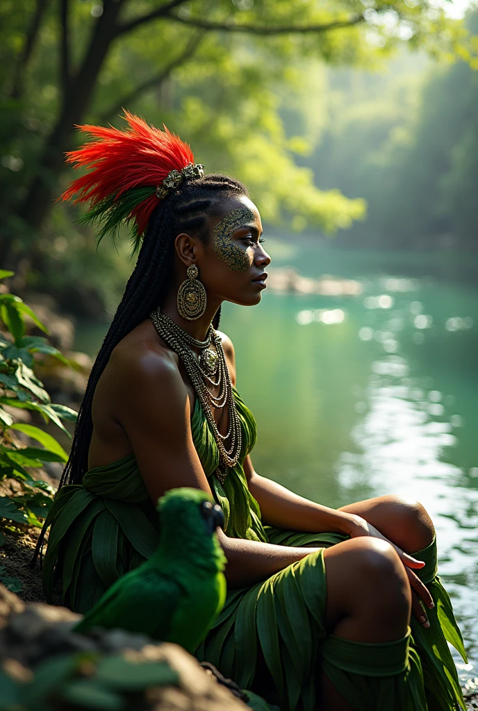 entity of Umbanda cabocla with red and green feather earrings, dressed in leaf clothing sitting by the edge of a river with macaws and face paint
