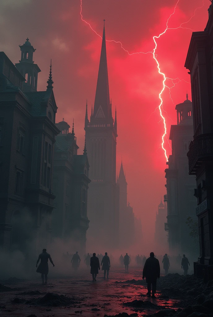 ((masterpiece, best quality, highly dramatic picture, cinematic lens effect, fantasy anime, Neverwinter nights)) the city, filled with plague fog. People crawling over the street slowly dying, red thunderstorm in the sky