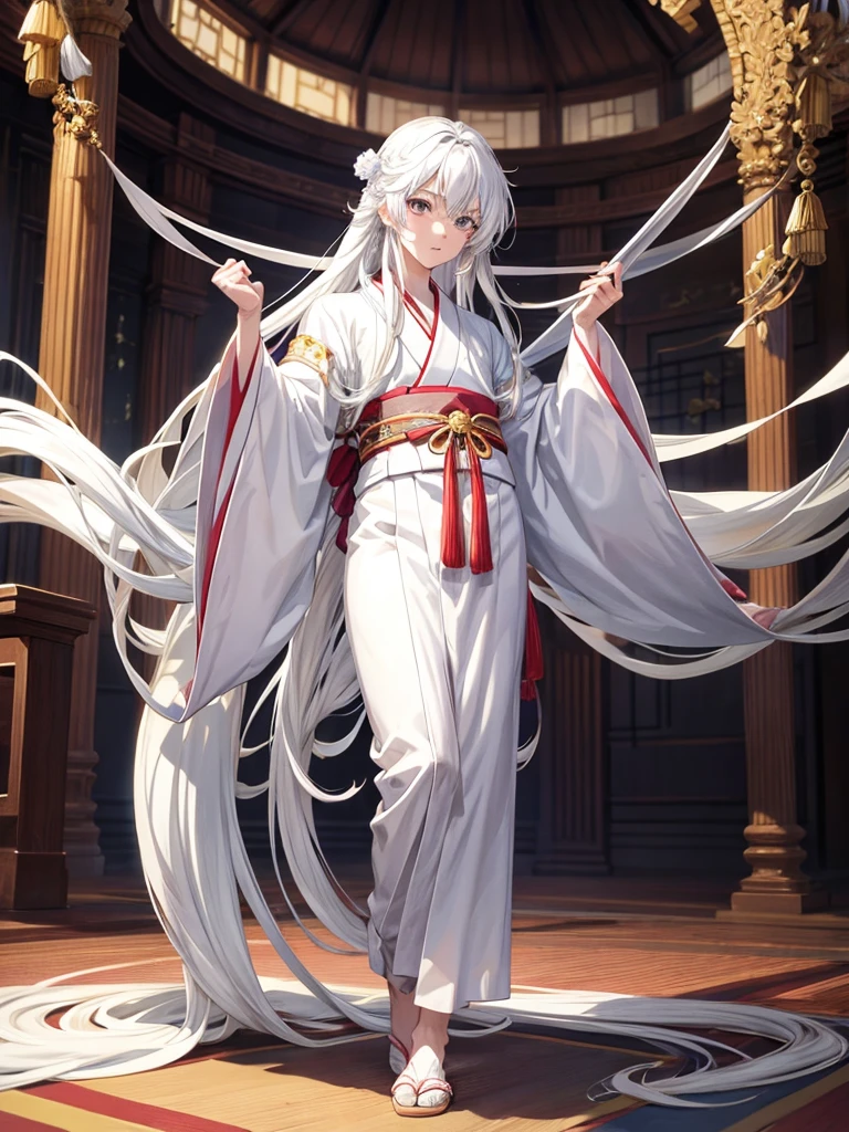 Anime boy in a beautiful white kimono, with long white hair reaching the floor, adorned with ornaments, reference 