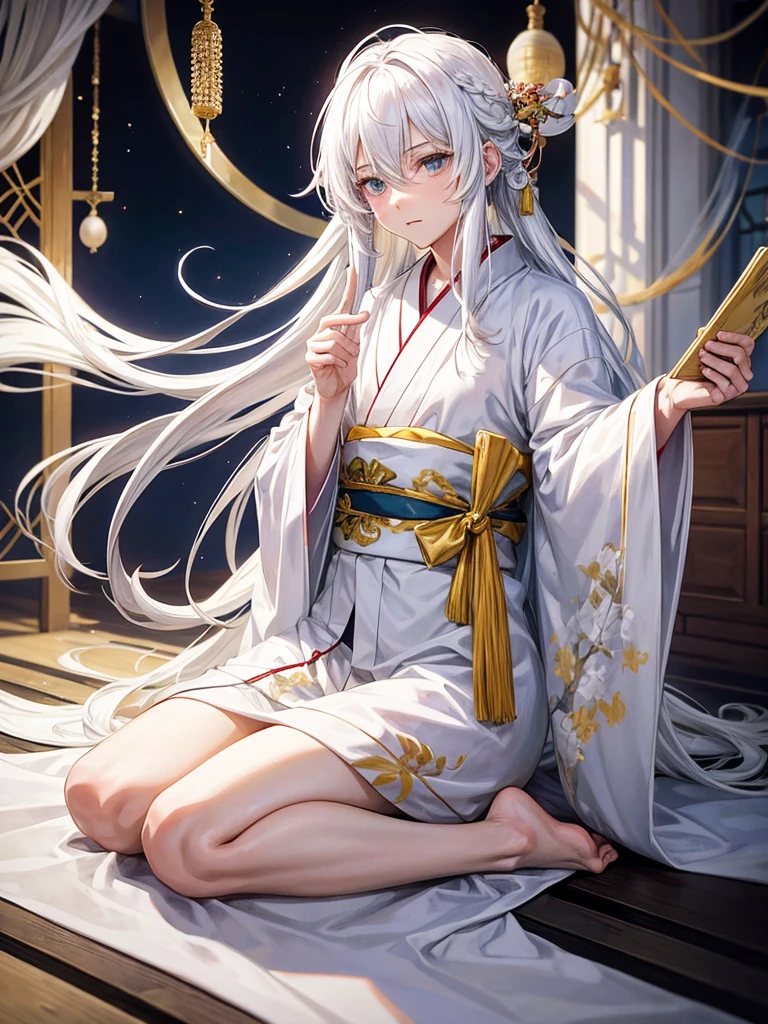 Anime boy in a beautiful white kimono, with long white hair reaching the floor, adorned with ornaments, reference