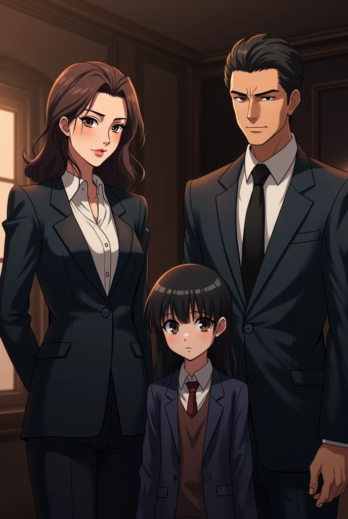 Anime style, mafia, family, mother, father, adult daughter, timid, black hair