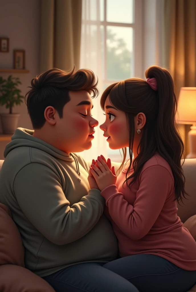 Generate an image of a chubby couple where the girl apologizes to the guy., that she loves him and that he is everything in her life ...