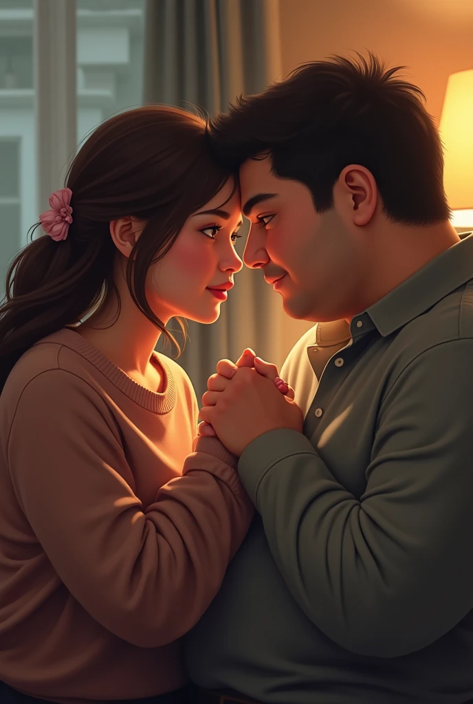 Generate an image of a chubby couple where the girl apologizes to the guy., that she loves him and that he is everything in her life ...