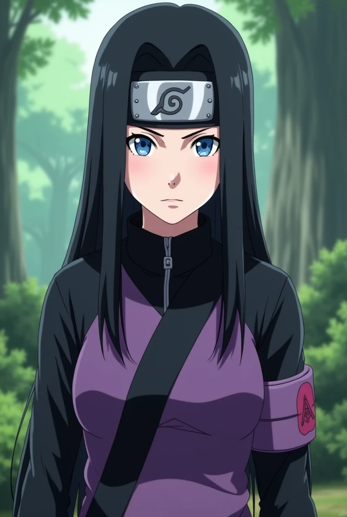 Screenshot, naruto anime style, a girl woman, pale white skin, medium height, blue eyes, black hair, long, loose, no bangs, ninja clothes linda, violet and black, with ninja band, In a forest