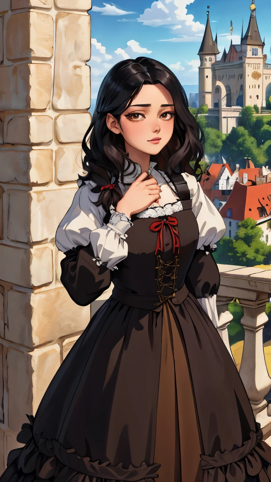 (extremely detailed CG unity 4k wallpaper),(masterpiece),(best quality),(ultra-detailed),(best illustration),(best shadow),(absurdres),(Detailed background), German woman, Long Straight black hair, Brown eyes, neutral expression, 1870 German castle, Peasant dress,