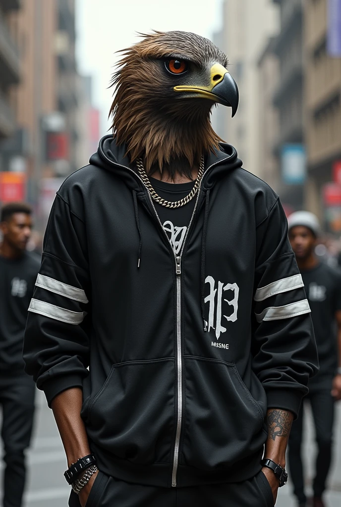 A hawk with a streetwise style, wearing a black and white shirt, and in the background an organized fan club with black and white shirts.