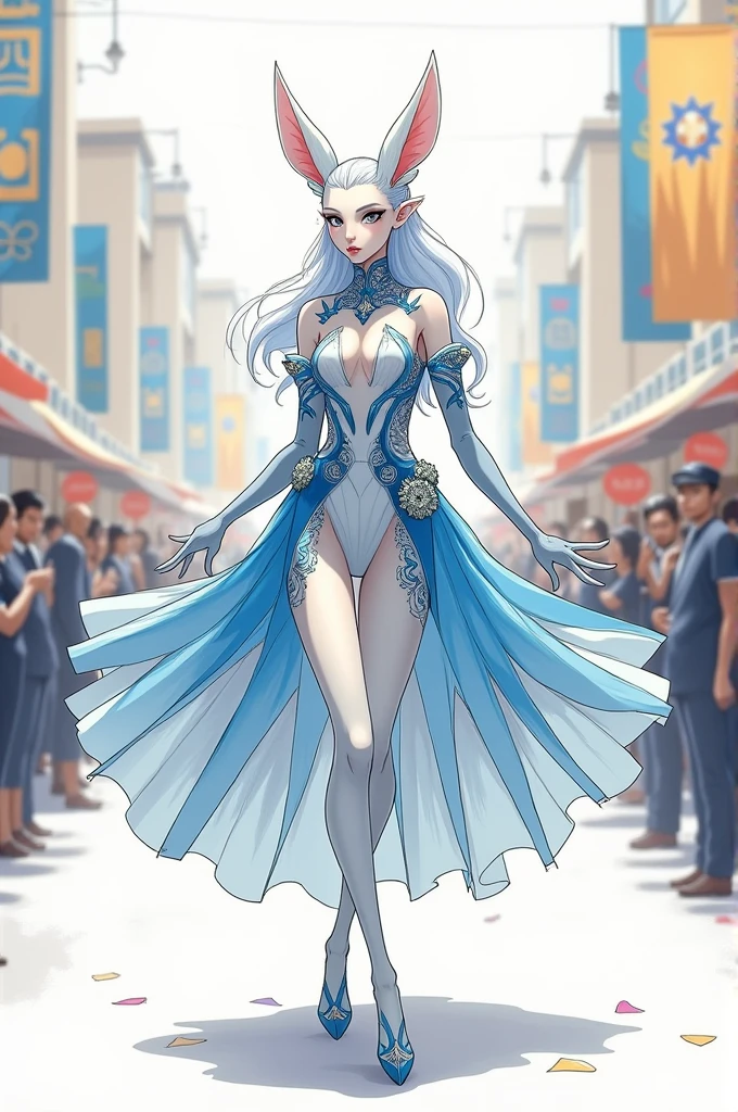 Sketch of a colan with a godet skirt for a civic parade, blue white and silver details