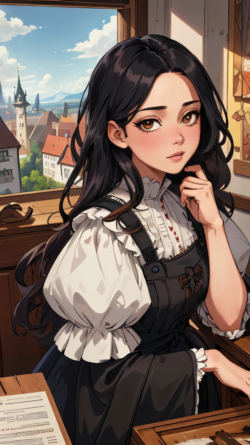 (extremely detailed CG unity 4k wallpaper),(masterpiece),(best quality),(ultra-detailed),(best illustration),(best shadow),(absurdres),(Detailed background), German woman, Long Straight black hair, Brown eyes, neutral expression, 1870 German castle, Peasant dress,