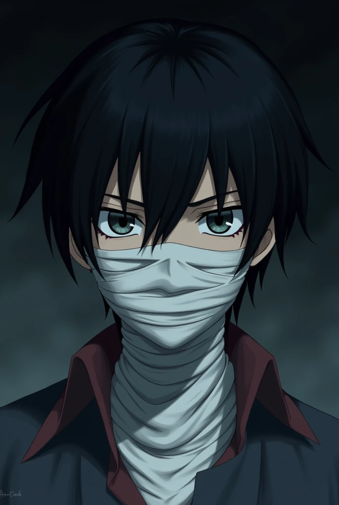 He's a character from Demon Slayer,his hair is short and black,he has bandages over his eyes, covering them