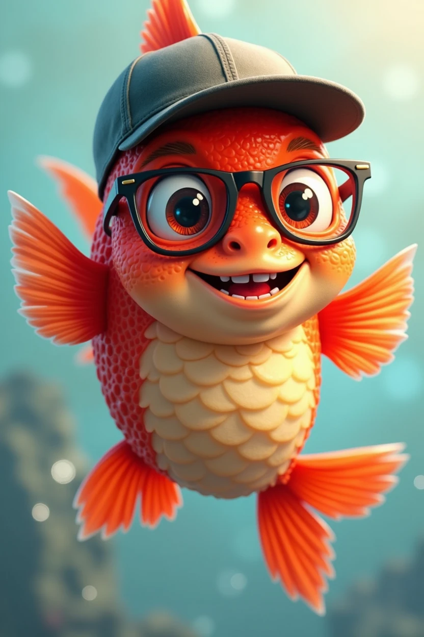 Red fish, in a cap and glasses, smiling, happy, cheerful