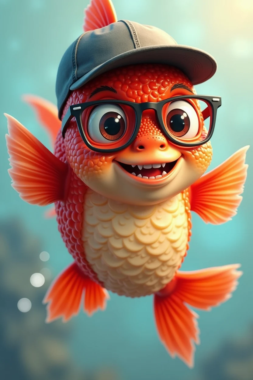 Red fish, in a cap and glasses, smiling, happy, cheerful