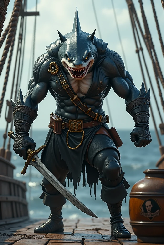 create a pirate hammerhead shark that wears a pirate outfit that has black leather features with gold details and his arms are uncovered, In the image, he needs to hold a gun and a sword., while in a fighting stance with an angry facial expression, In the image he needs to be on a ship in the sea and he needs to have a powder keg with the symbol of bilge water