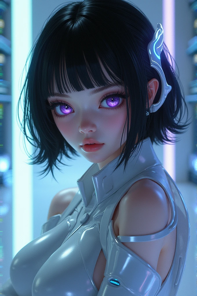 Short black haired girl with lilac eyes wearing futuristic clothing in a futuristic background.