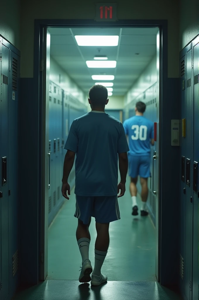 Players leaving the field and heading to the locker room, focusing on a player entering the locker room. Show the transition from the field to the more private environment of the locker room.realisitic,cinematic, 8k 