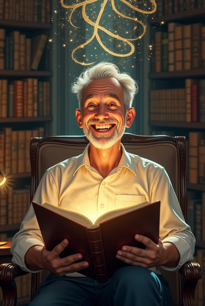 a happy man reading a book where the words come out of the book and into their brain
