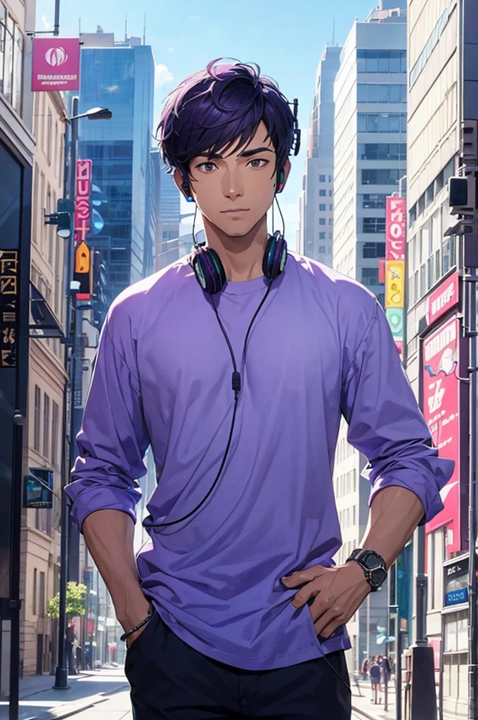 cartoon illustration of a man in a purple shirt with blue and with headphones standing in a city, official art, epic art style, official fanart, highly detailed official art, official illustration, official concept art, #pixelart:3, style supernatural art, official fan art, detailed fanart, unknown art style, official rendering, official character art, game art!!, background art, official hdr art