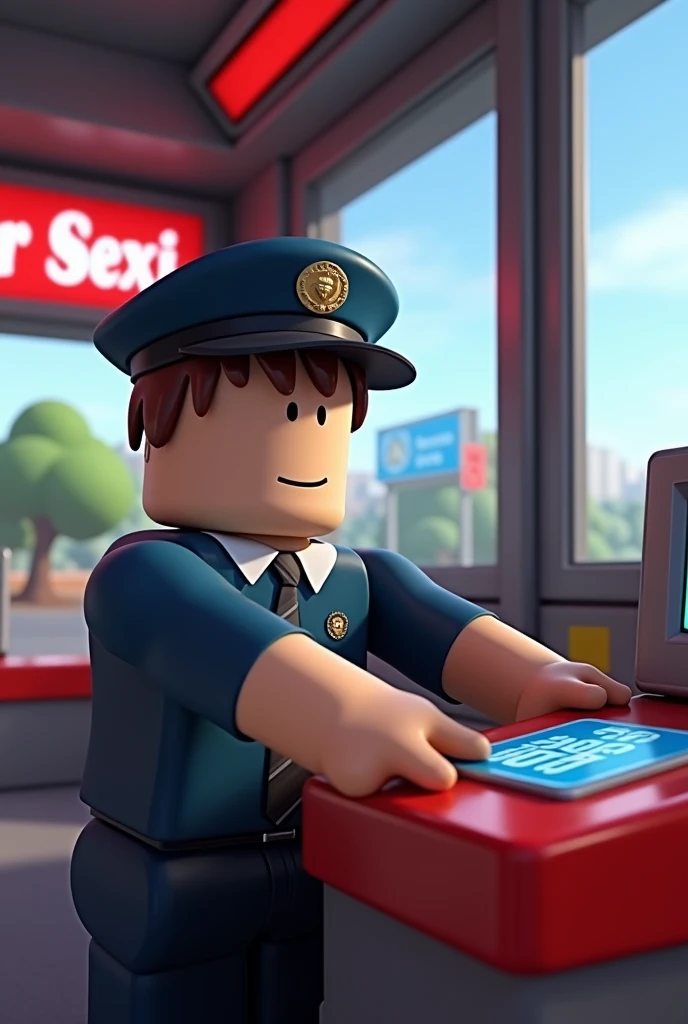 Make me an icon about a toll booth simulator and make a Roblox character working and the Roblox character is square bodied and realistic
