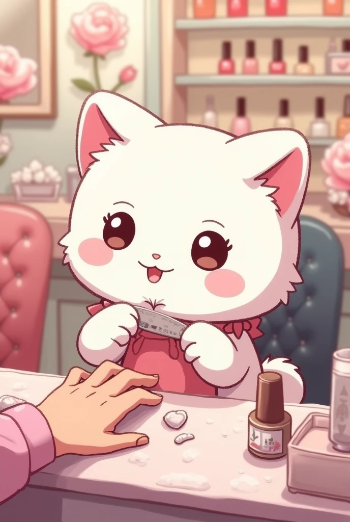 a white anime mochicat in a nail salon, doing nails and grabbing a file