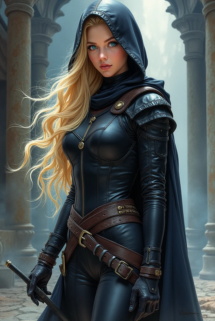 Create a realistic watercolor illustration of an 18-year-old woman, tall (approximately 5'7"), with long, lace golden blonde hair and blue eyes. Her skin is fair. She should be dressed total in black leather armor that looks like a reinforced bodysuit with belts and a dagger hanging from it. She wears a black hooded cloak that covers her head, adding an element of mystery. Her pose should reflect confidence and agility, fitting for an assassin. The background should evoke a fantasy and adventurous atmosphere, with magical and dark elements. Use rich and dramatic colors to highlight her powerful and stealthy appearance.