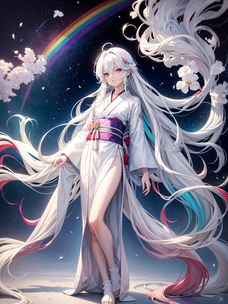 Anime boy in a beautiful white kimono, with long, floor-length hair with a rainbow and white gradient, adorned with decorations, reference 