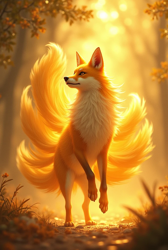 in a golden glow, became Kitsune, the nine-tailed fox. Her golden fur shone with a magical aura., and its nine tails moved with agility and grace. Waking up in his new form, Kitsune felt the power of magic flow through her and carefully observed the surroundings with her keen perception..