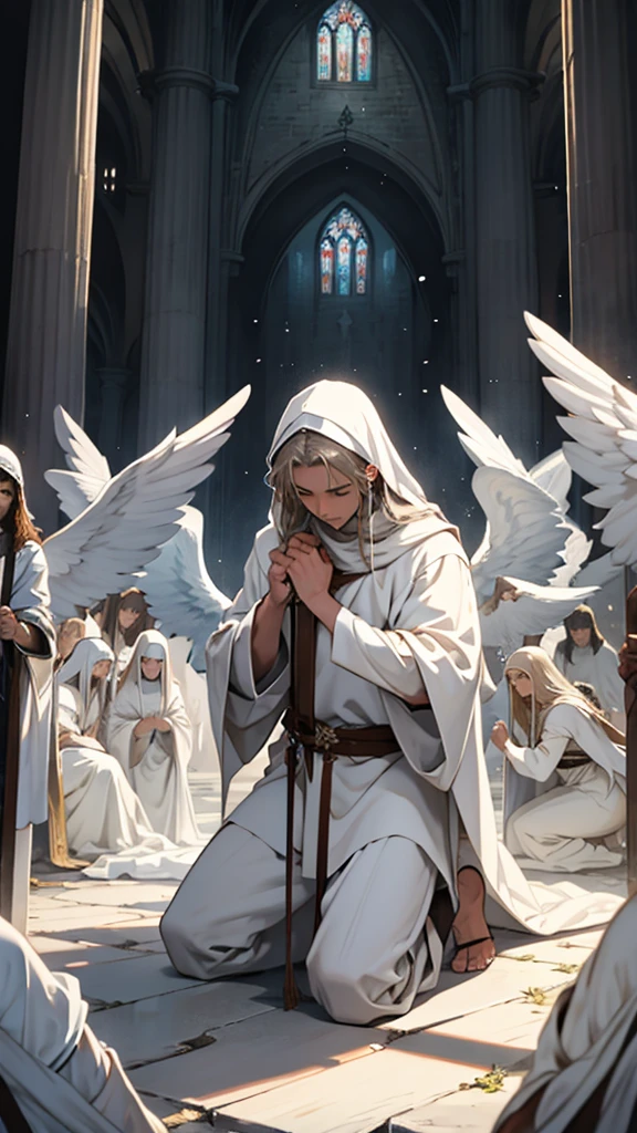 Knight kneeling at the feet of Jesus Christ dressed all in white, the heavens opened with a horde of angels