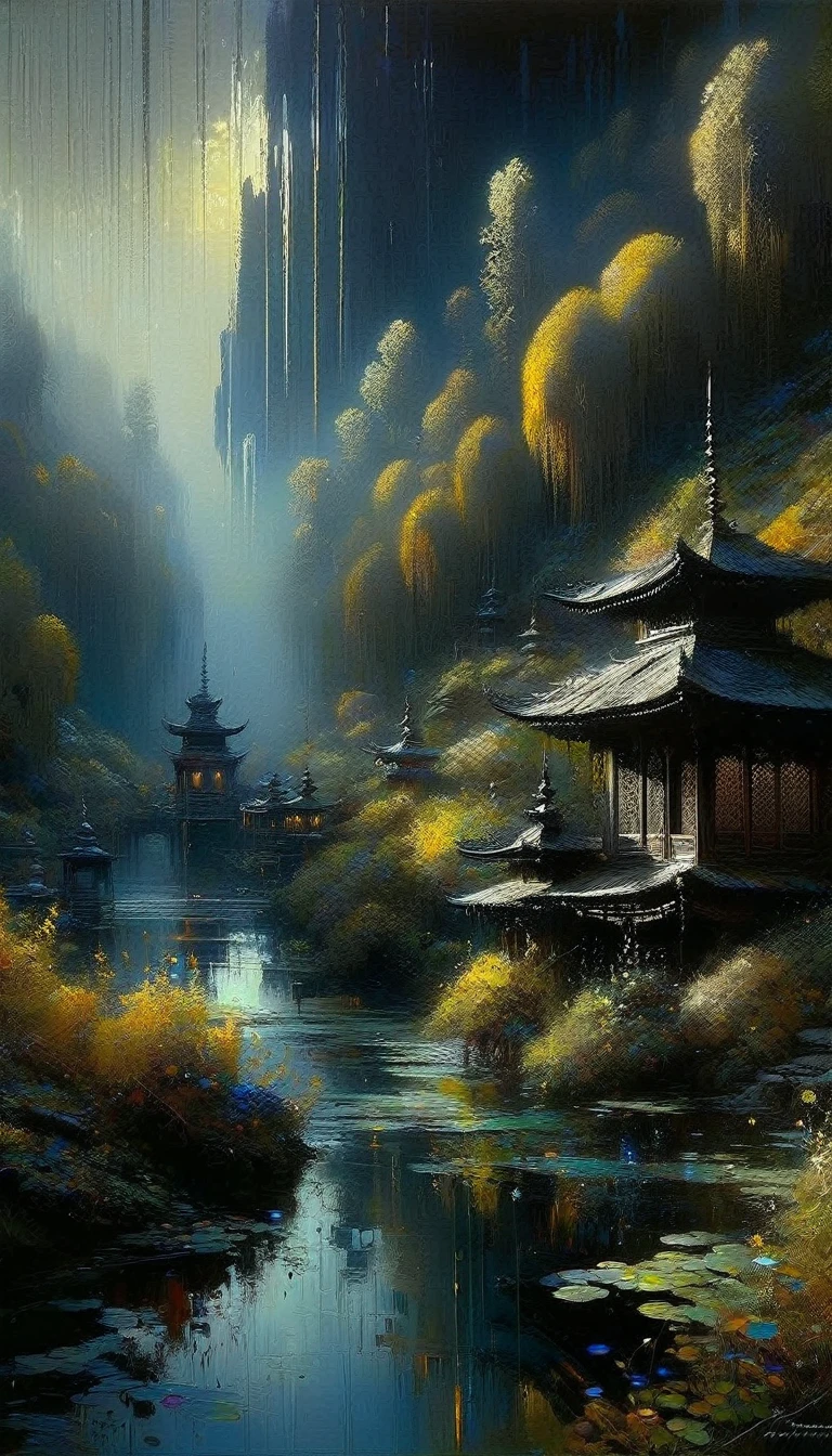 calm and dark , art inspired by Wadim Kashin, Intricate Details, Oil
