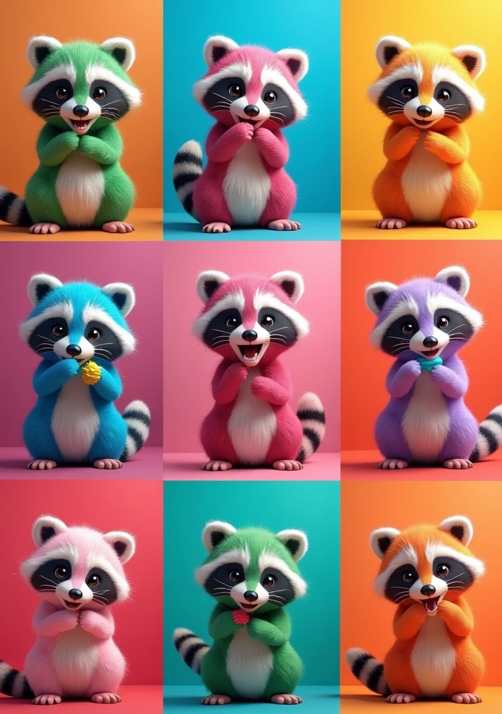 An enchanting and imaginative 3D render featuring nine adorable raccoons, each showcasing a unique pose and captivating expressions. They sport a mesmerizing array of vibrant colors, including green, blue, pink, purple, orange, and red, which accentuates their cuteness. The raccoons engage in playful activities set against a whimsical Pop Art-inspired background, reminiscent of Gil Zetbase's artistic style. The image is arranged in a 4x4 grid view, infusing bold colors and patterns. The overall atmosphere of this photograph is charming, delightful, and conceptually inventive, evoking nostalgia, wonder, and joy. The artist's skill and creativity shine through in this stunning piece of conceptual art and 3D render, leaving a lasting impression on the viewers., photo, conceptual art, 3d render