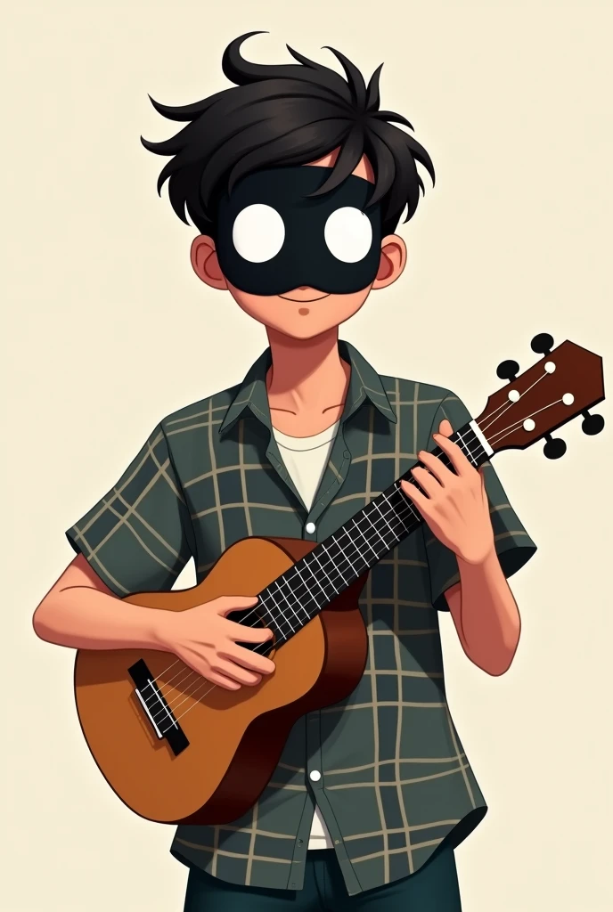 boy, 20 years old, chemise à carreaux, ukulélé, masque noir avec deux ronds blancs en guise d'yeux, sans bouche, casque