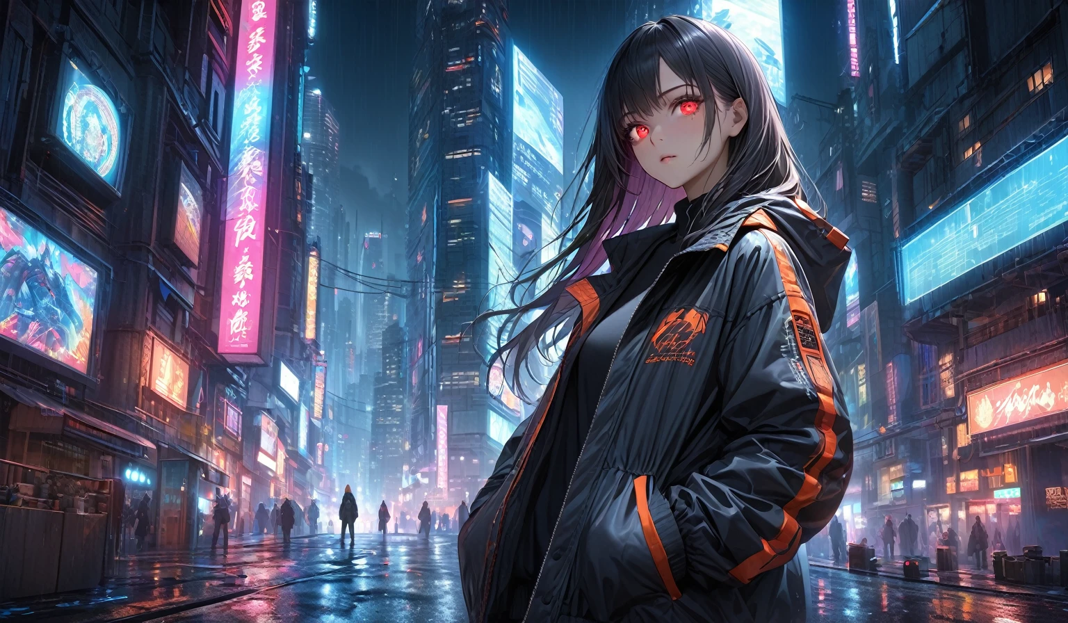 Full color, BREAK 16k resolution, cinematic background, extreme detailed, ultra-realism, Detailed and intricate texture, cyberpunk, photorealistic background, Detailed and clear depiction, Cinematic lighting effects, ((The scene is a very dark night, night, dark, dim)), The scene is densely filled with skyscrapers, neon arts background, BREAK (masterpiece, best quality), detailed and realistic skin texture, Detailed and intricate brushwork, A girl is standing among skyscrapers, very detailed eyes, 1girl, solo, red eyes, ((glowing eyes)), beautiful girl, long hair, windbreaker jacket, hands in pockets, looking at viewer, upper body