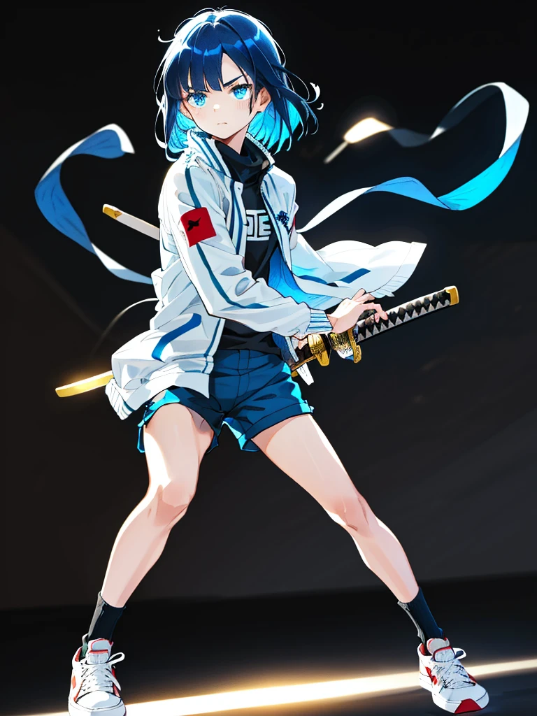 Sword Drawing Technique, Battoujutsu, Black background with spotlight, Young face, White jacket,Medium hair, Black and blue hair,blue eyes, wore shorts、Wear sneakers