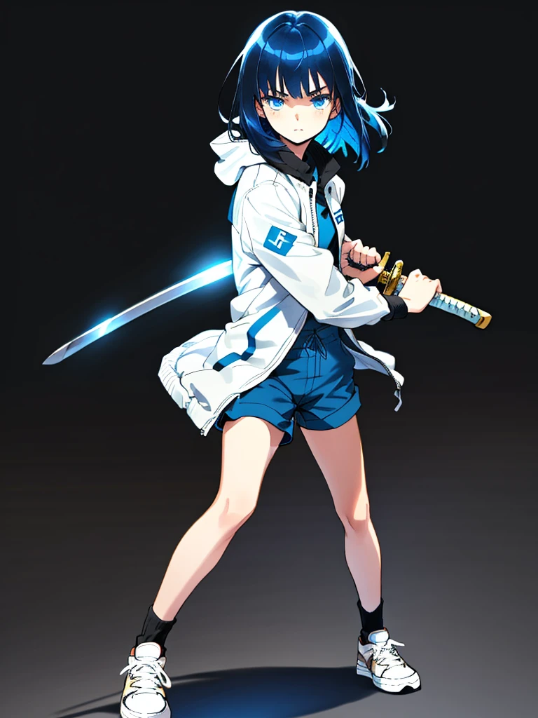 Sword Drawing Technique, Battoujutsu, Black background with spotlight, Young face, White jacket,Medium hair, Black and blue hair,blue eyes, wore shorts、Wear sneakers