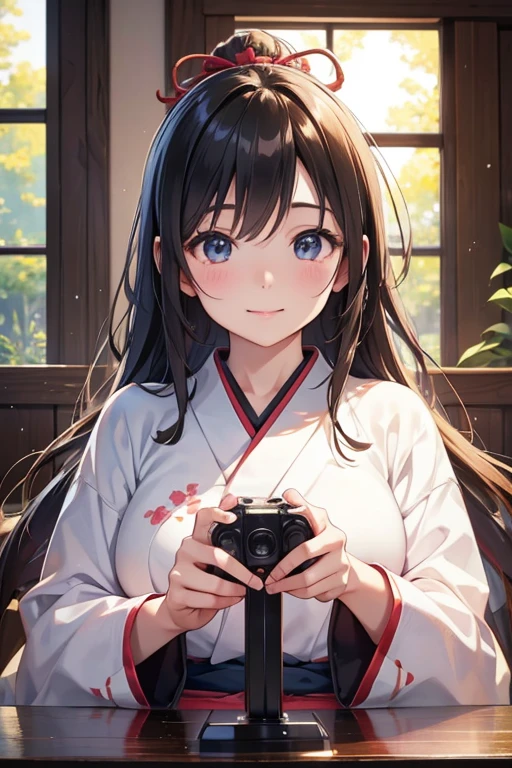 a beautiful japanese girl, cute, gentle, happy, holding a joystick in her hands, highres, 8k, (best quality:1.2), ultra-detailed, realistic, photorealistic, photo-realistic:1.37, HDR, UHD, studio lighting, ultra-fine painting, sharp focus, physically-based rendering, extreme detail description, professional, vivid colors, bokeh, portrait