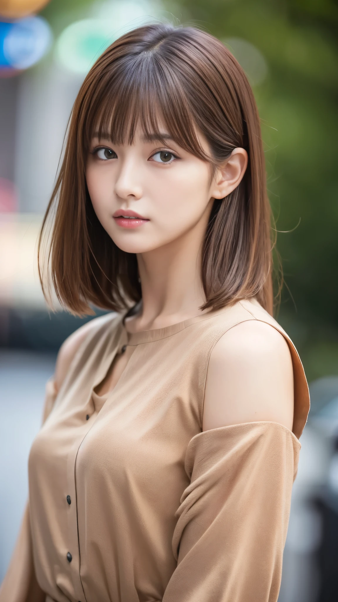 Ultra-high resolution, Superior Quality, Highest quality, Super detailed, Realistic, 8k, RAW Photos, Highest quality, masterpiece, Attractive girl, wonderful, Brown Hair, Shoulder-length layered, Asymmetrical bangs, Japanese Idols, Sophisticated, stylish, blouse,Shibuya Ward, 