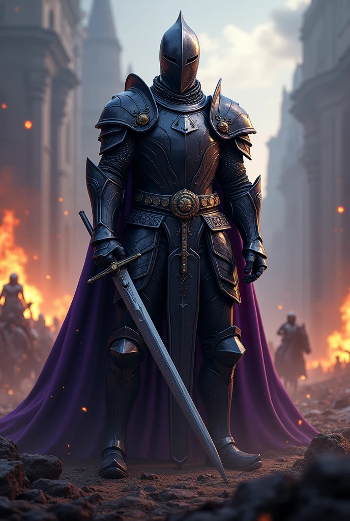A movie poster depicting a Cavaleiro negro wielding a sword on a battlefield with the words "SeaArt x infinito" written in large letters in the center, (work of art, Maximum quality, high resolution, highly detailed 8K unified CG wallpaper)), (enormous dazzling photo of the warrior, very strong, black elmo, perfect proportions, Slim Body Beauty:1.3), (The medieval Knight in luminous armor:1.5), (possessing a purple cape, Vestindo detailed armor, used in finely crafted, detailed armor, with a sword hanging from a thick belt:1.5, from above view, female rider, INFO