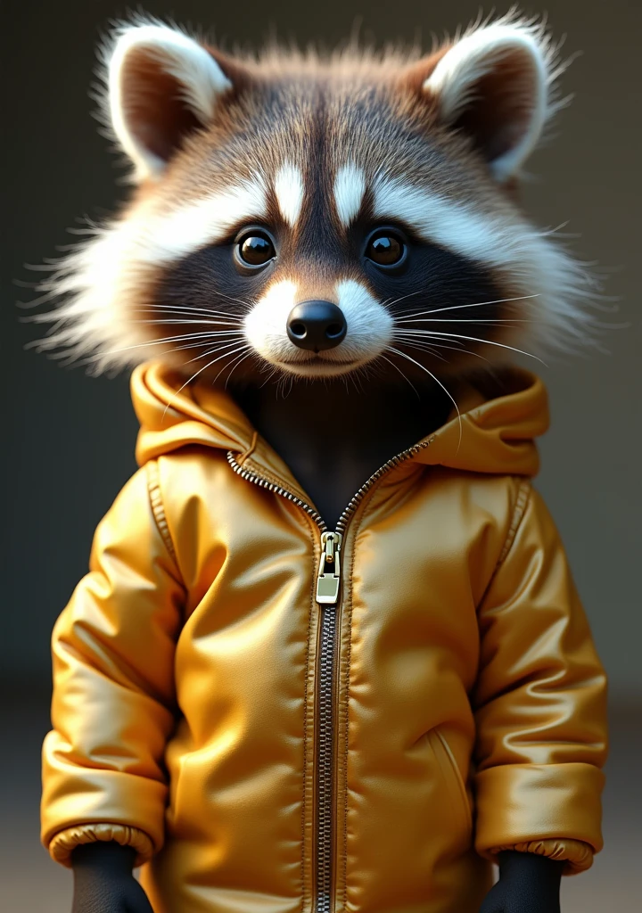A captivating, high-quality portrait photograph of an adorable, extra fluffy raccoon, dressed in a stunning gold and silver fashion-forward outfit. The raccoon's fur appears vibrant and glossy, as if it were a 3D render, adding a surreal touch to the image. The conceptual art piece emphasizes the raccoon's expressive eyes and endearing features, creating a sense of wonder and admiration. The overall composition is a blend of fashion, and portrait photography, showcasing the subject in a unique and artistic manner., photo, 3d render, portrait photography, fashion, vibrant, conceptual art