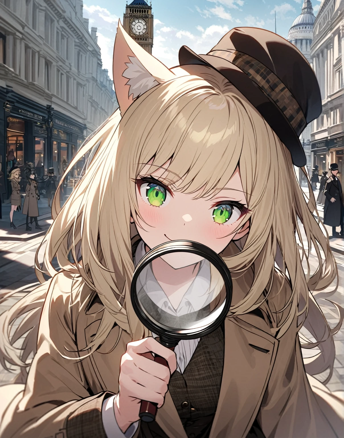 Face shot, Eyes macro, 1 anime catgirl, pale blonde cat ears, neko ears, with long pale blonde hair, wearing like sherlock holmes clothes. The character is in a standing pose and has an elegant and refined appearance. She has accent green eyes, detailed anime eyes, She has an investigating pose with a Magnifying glass in the hand, she is looking through the magnifying glass. She has a confident expression, like she has discovered the Guilty. Khaki coat, sherlock holmes hat, investigating. She is in london, famous London steet with a view over some famous London location. She has a confident smile.