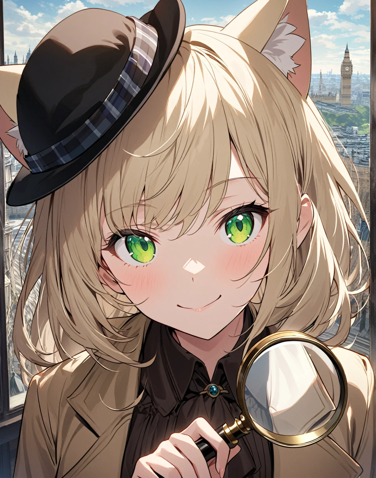 Face shot, Eyes macro, 1 anime catgirl, pale blonde cat ears, neko ears, with long pale blonde hair, wearing like sherlock holmes clothes. The character is in a standing pose and has an elegant and refined appearance. She has accent green eyes, detailed anime eyes, She has an investigating pose with a Magnifying glass in the hand, she is looking through the magnifying glass. She has a confident expression, like she has discovered the Guilty. Khaki coat, sherlock holmes hat, investigating. She is in london, famous London steet with a view over some famous London location. She has a confident smile.