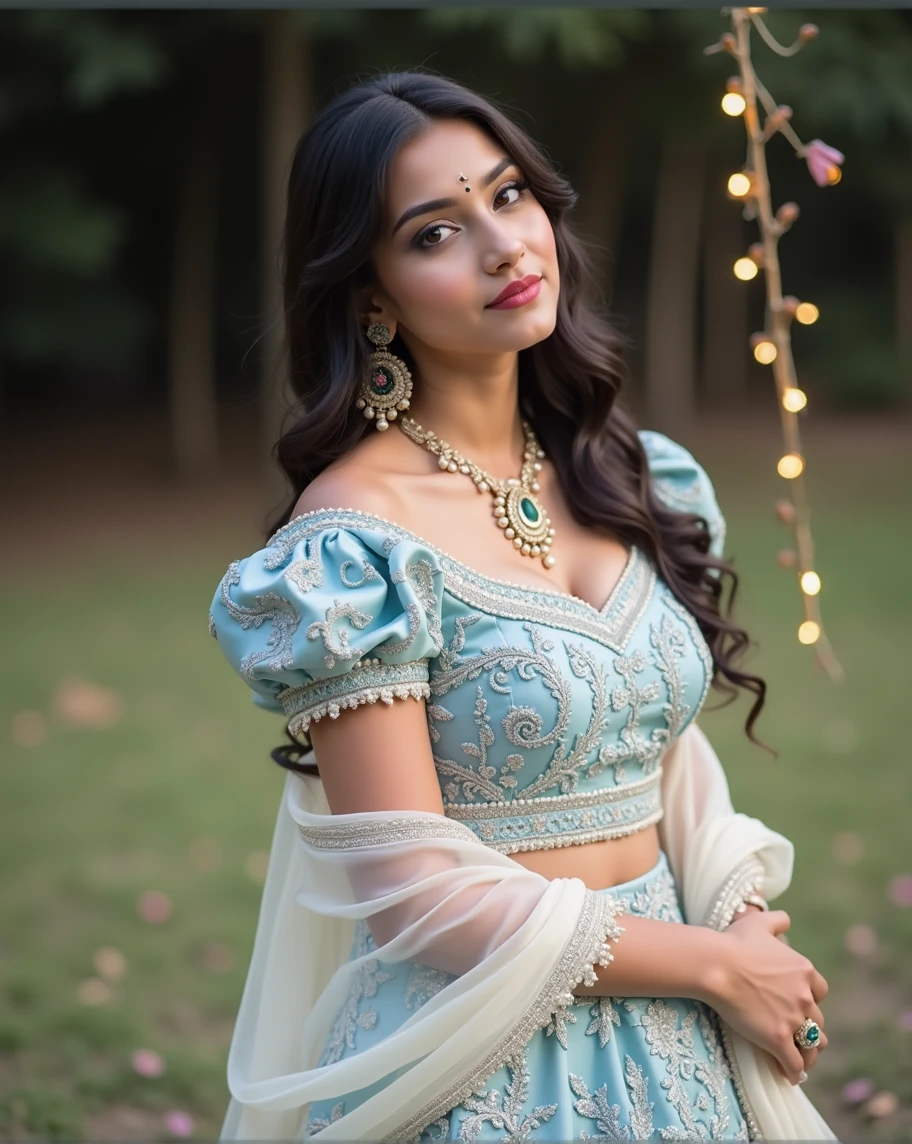 (best quality, very detailed, realistic:1.37), professional, Beautifully detailed eyes, Beautifully detailed lips, Detailed facial features, natural skin tone, perfect skin texture, Sensitive facial expressions, High resolution images, realistic face, realistic skin, normal face, smile naturally, Highly detailed hair, 20 years, (phone, beautiful indian girl), Radiate the blue bridal glamor in this exquisite Lehenga Choli adorned with intricate embroidery and opulent jewelry.. bare breasts beautiful,The high-resolution image captures very detailed realism, highlighting phone's captivating eyes, sit, expressive lips, and a beautiful face, Enhance the beauty of her bride. Soft lighting and floral decorations create a stunning image of a traditional Indian wedding and a fun celebration of love., beautiful background. Very heavy stomach, very big stomach 