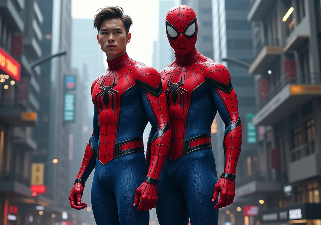  two male characters, both as modern Spiderman