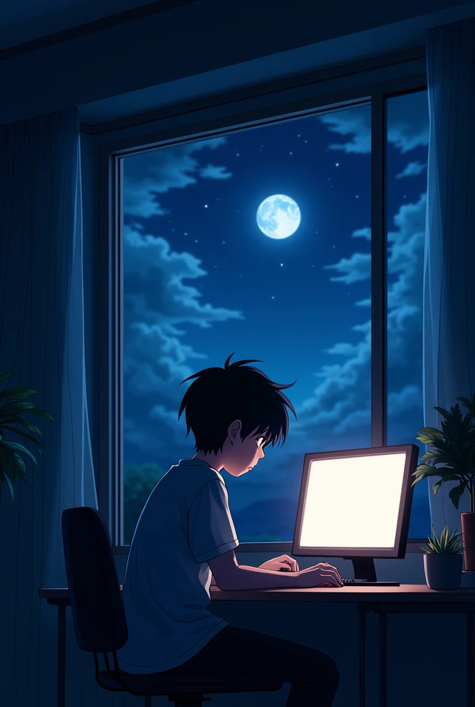Create a anime type landscape image. In the heart of the shady room, a black-haired boy, bathed in the dark, is huddled over a glowing computer screen. The window, the only source of light, reveals the midnight sky, its opalescent glow accentuating the toon-inspired room, making it eerily alive. The boy, busy with his work, oblivious to the surrounding darkness, brings the room to life with his every click, his actions illuminating the anime style of the scene with bursts of graphic novel-esque energy. 4k, High quality, 4k quality, better quality, UHD, ultra high quality.