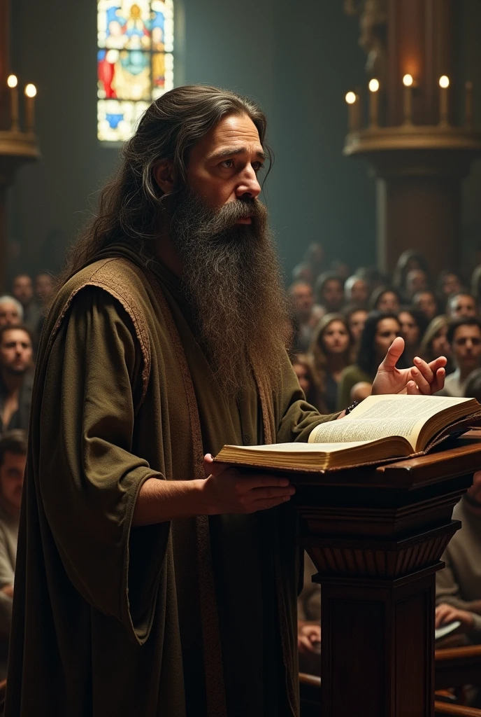 Woman with a beard and a bible preaching