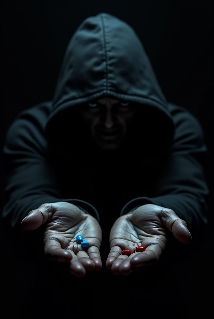 A terrifying character against a dark background, with a small blue pill in the left hand, and a small red pill in the right hand