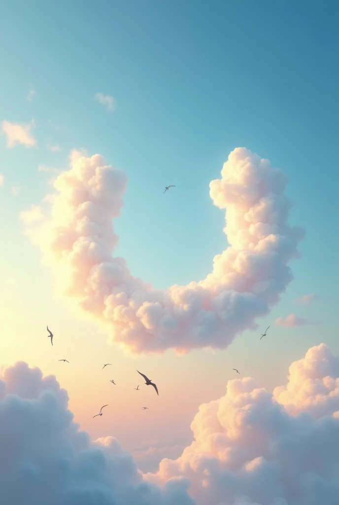 Create a serene and uplifting image where the clouds in the sky form the shape of a radiant smile. The sky should be a soft gradient of blue, transitioning to warm tones as the sun sets, with the cloud formation gently curving to resemble a bright, joyful smile. The smile in the clouds should be subtle yet unmistakable, symbolizing happiness and positivity. The surrounding sky can feature a few birds flying peacefully, adding to the tranquil atmosphere. The overall composition should evoke a sense of calm and contentment, capturing the natural beauty of the sky while infusing it with the warmth and joy of a smiling expression.