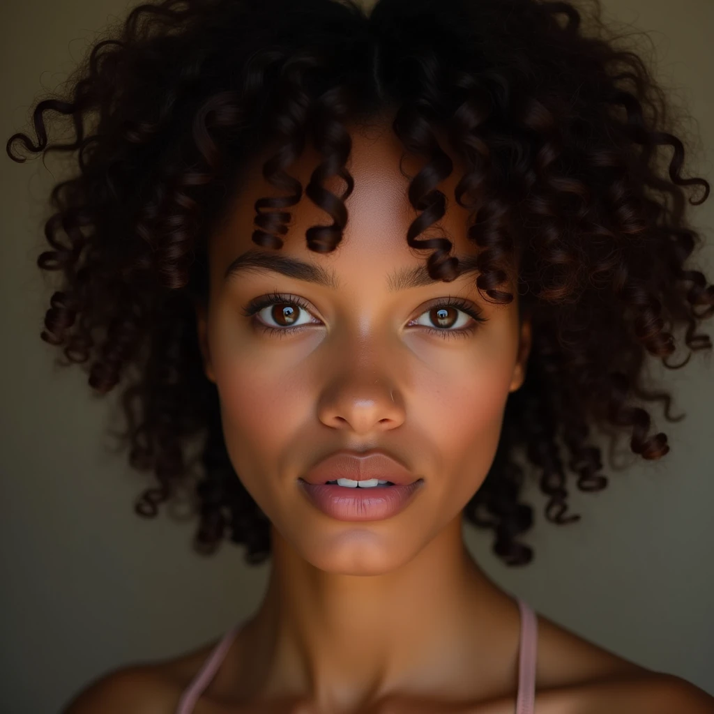 A young mixed-race woman , curly hair. Elle a les yeux marrons, photo lumineuse . She is in her underwear. She has full lips. La photo est hyper realiste. Qualité d’image maximum