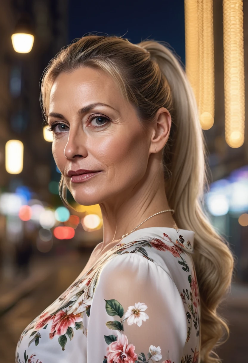 Close-up, 8K quality, realistic image of a beautiful 45 year old European woman with long blonde hair tied back in a ponytail. She had a curvy body with slightly larger breasts and was wearing a white floral patterned blouse and a short skirt. He stood in the city at night, with the soft city lights illuminating him. The background features city buildings, street lights, and a lively night scene, highlighting its calm and elegant presence in the urban environment.