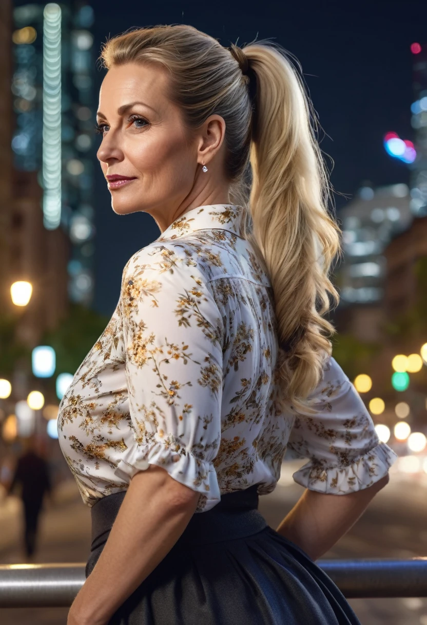 Close-up, 8K quality, realistic image of a beautiful 45 year old European woman with long blonde hair tied back in a ponytail. She had a curvy body with slightly larger breasts and was wearing a white floral patterned blouse and a short skirt. He stood in the city at night, with the soft city lights illuminating him. The background features city buildings, street lights, and a lively night scene, highlighting its calm and elegant presence in the urban environment.